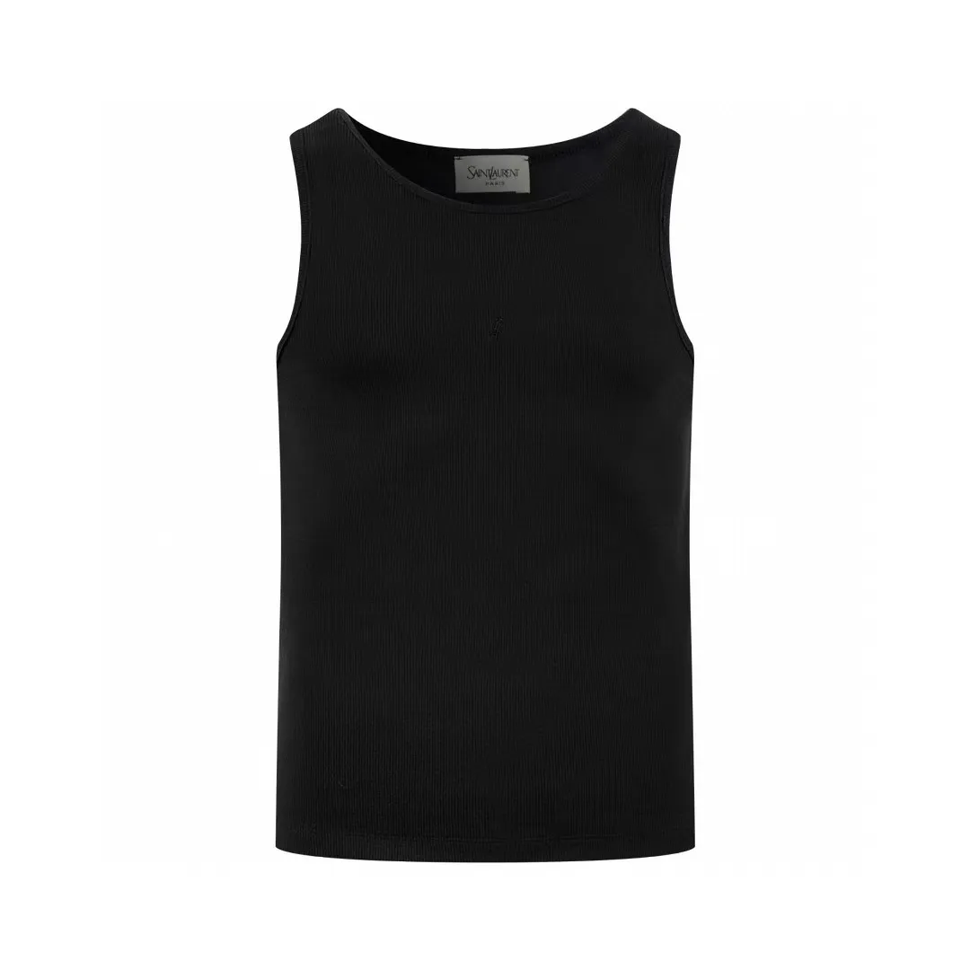 P160SaintLaurent logo embroidered vest Customized Dream Yayun ribbed cotton Delicate texture Comfortable and close to the skin Interpretation of elegance with pure black color The iconic YSL logo embroidery is vivid on the clothing Low-key but eye-catching Highlighting the unique identity and charm Highlighting the shoulder lines Feeling the confidence from the inside out Process 1: Using imported machine embroidery technology Using advanced computer control systems and sophisticated mechanical components to achieve YSL logo embroidery operations with high precision and smooth and delicate lines Process 2: The fabrics have been washed and have a better hand feel. Not easy to deform, not easy to shrink, not easy to fade, and maintain long-term beauty. Accessories: Customized 1:1 YSL trademark Size: XS S M L